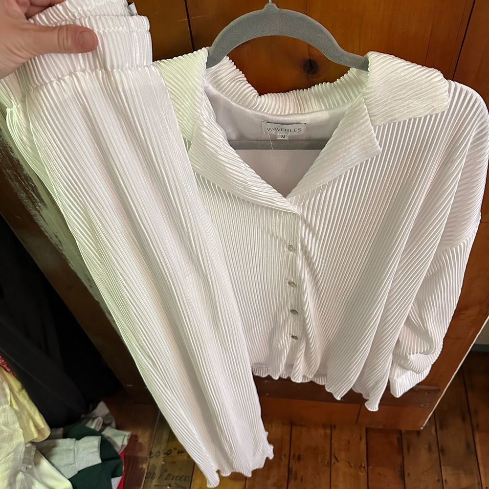 White Pleated Button-Up Blouse